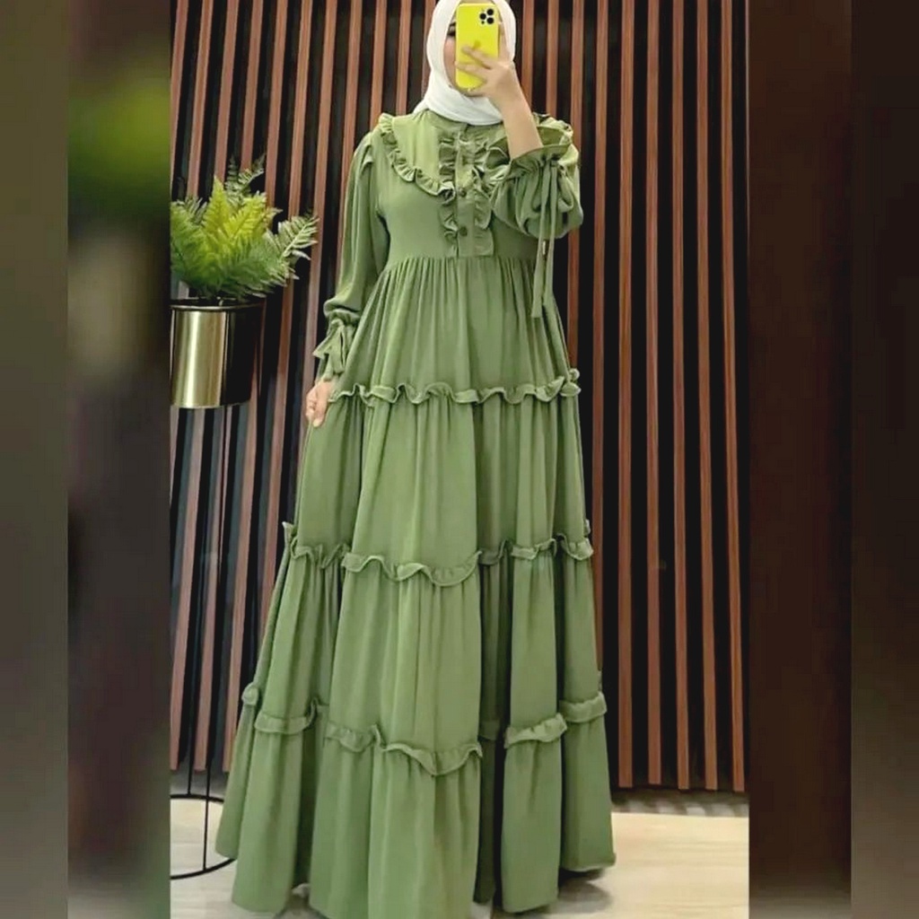 Dress Rempel / Gamis Premium Kondangan / Lebaran Raya Hijau Mint Olive Sage Jumbo Polos Simpel Kekin