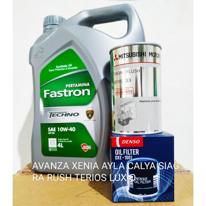 PAKET OLI FASTRON TECHNO HIJAU 10W-40 GALON 4 L + FILTER OLI DENSO DXE-1001 + ENGINE FLUSH MITSUBISHI