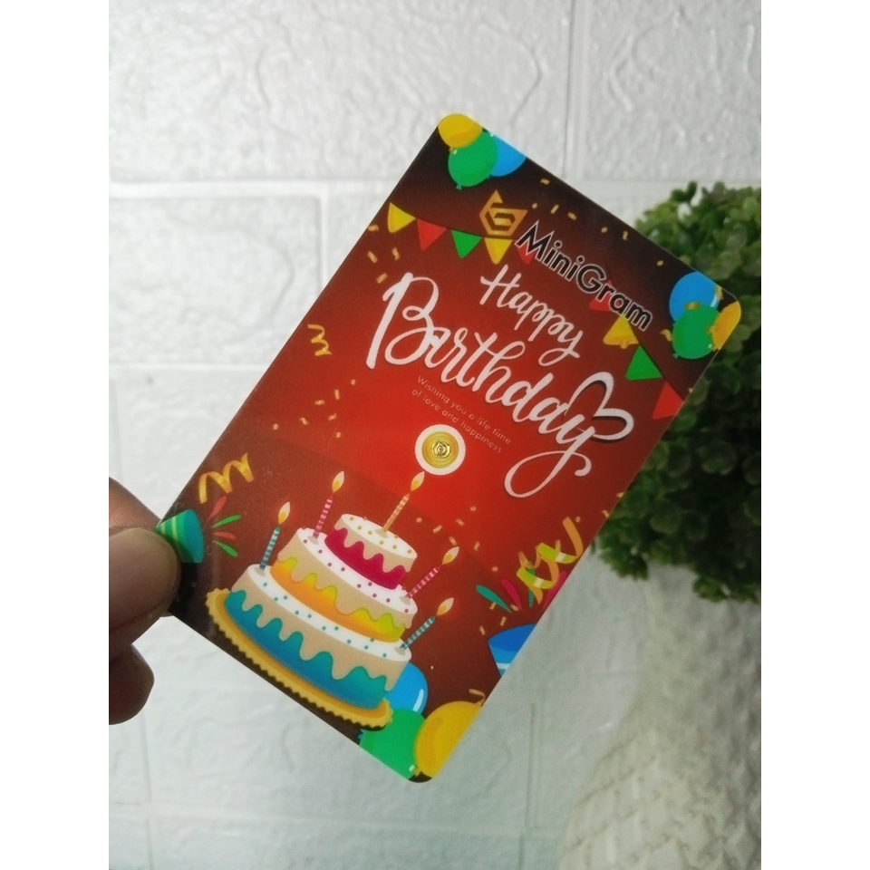MINIGRAM Gift Series 0.005 Gram Happy Birthday Red Edition Kemasan PVC TERMURAH TERLARIS Emas Mini Emas Batangan Logam Mulia Murni 24 Karat Bersertifikat Resmi Asli Original Tabungan Emas Souvenir Keren Mewah