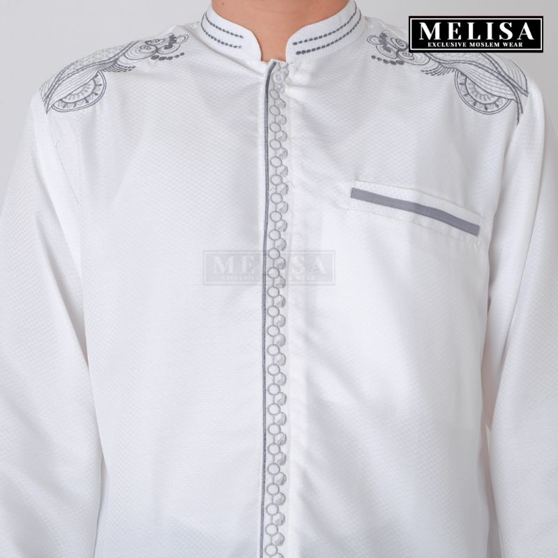 Baju Koko Pria Dewasa Lengan Panjang Bahan Poli Katun Warna Putih Tulang Motip Bordir