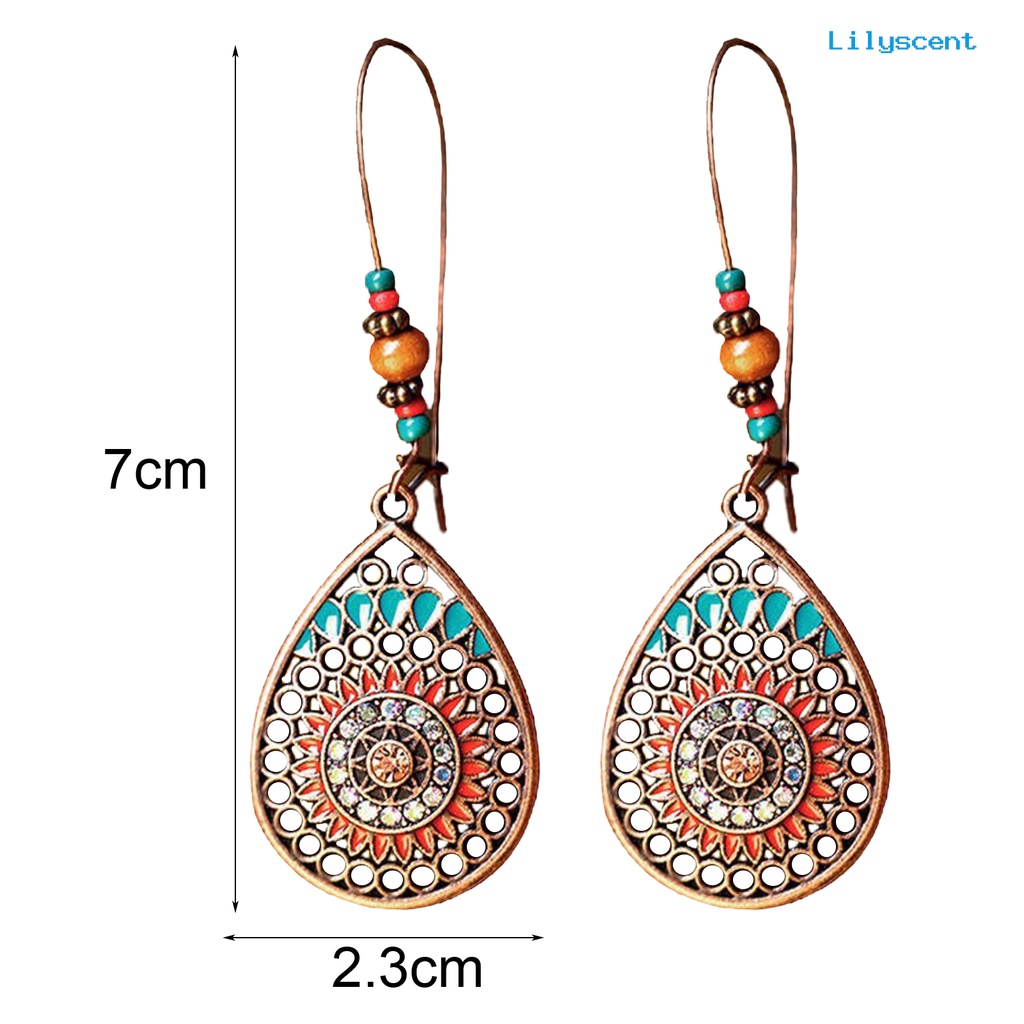 [LS] 1pasang Anting Wanita Bentuk Tetesan Air Gaya Vintage Bohemia Hollow Out Bunga Menjuntai Earrings Untuk Hadiah