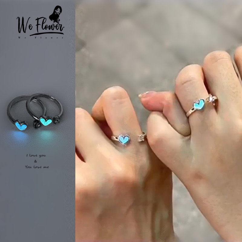 We Flower Lovely Glow in The Dark Blue Light Heart Ring Untuk Pasangan Kekasih Teman Trendi Bercahaya Manset Jari Terbuka Cincin Perhiasan Hadiah