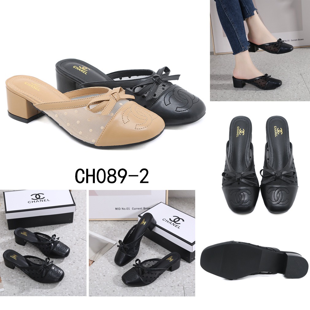 CH Mesh &amp; Leather CC Logo Block Heel Pumps CH089-2