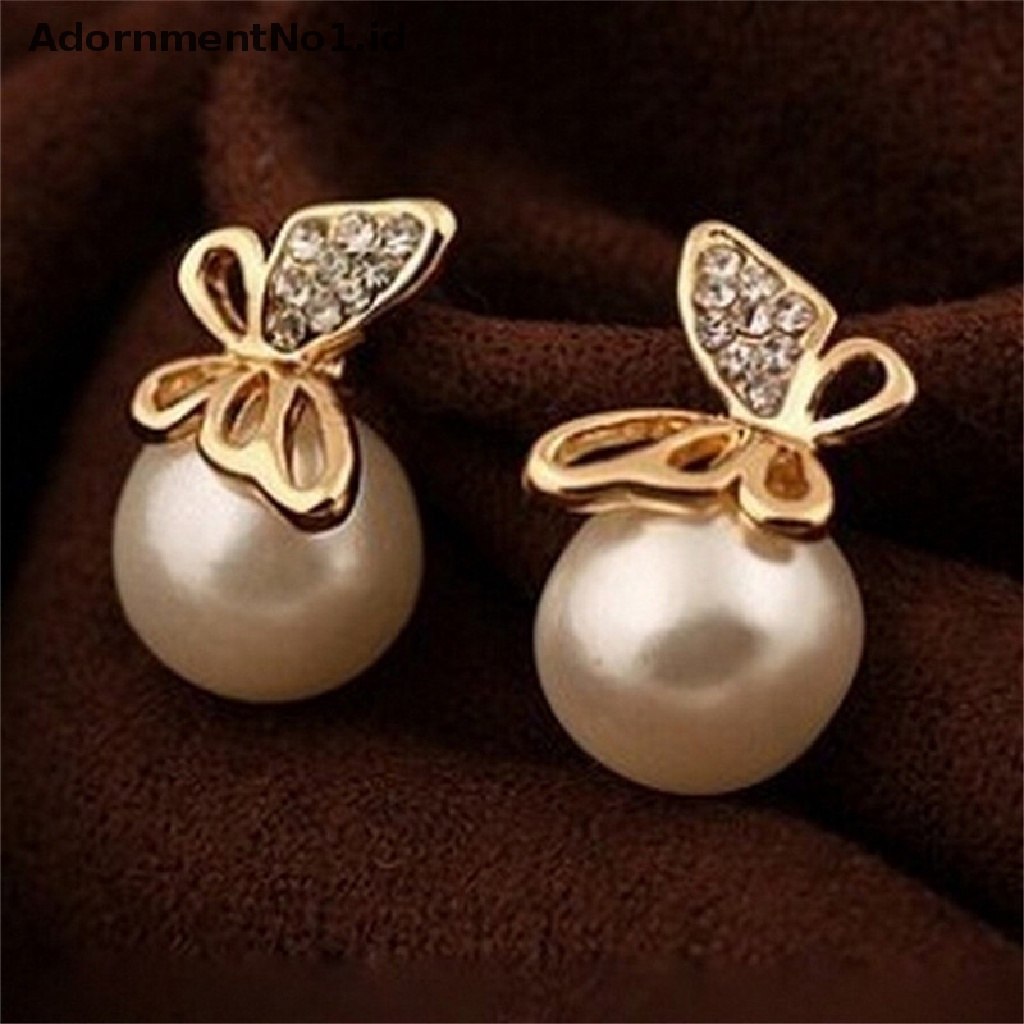 [AdornmentNo1] Fashion Baru Perhiasan Wanita Kristal Emas Kupu-Kupu Mutiara Ear Stud Earrings Earbob [ID]