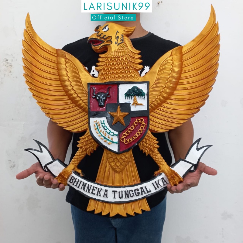 Hiasan Dinding Pajangan Garuda Pancasila Gold Fiber Ukir Hiasan Ruangan Perlengkapan Dekorasi Pajangan Dinding Rumah Kantor Sekolah Lambang Negara Indonesia Burung Garuda Gold Fiber Besar 3D 57x57cm Premium