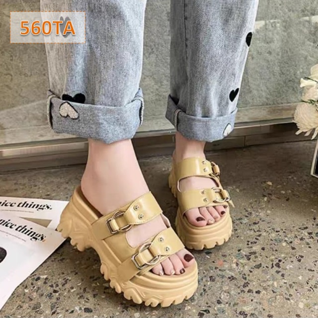 Sandal Wanita Selop Kokop Double Gesper Hitam Hijau Putih Tan (560)