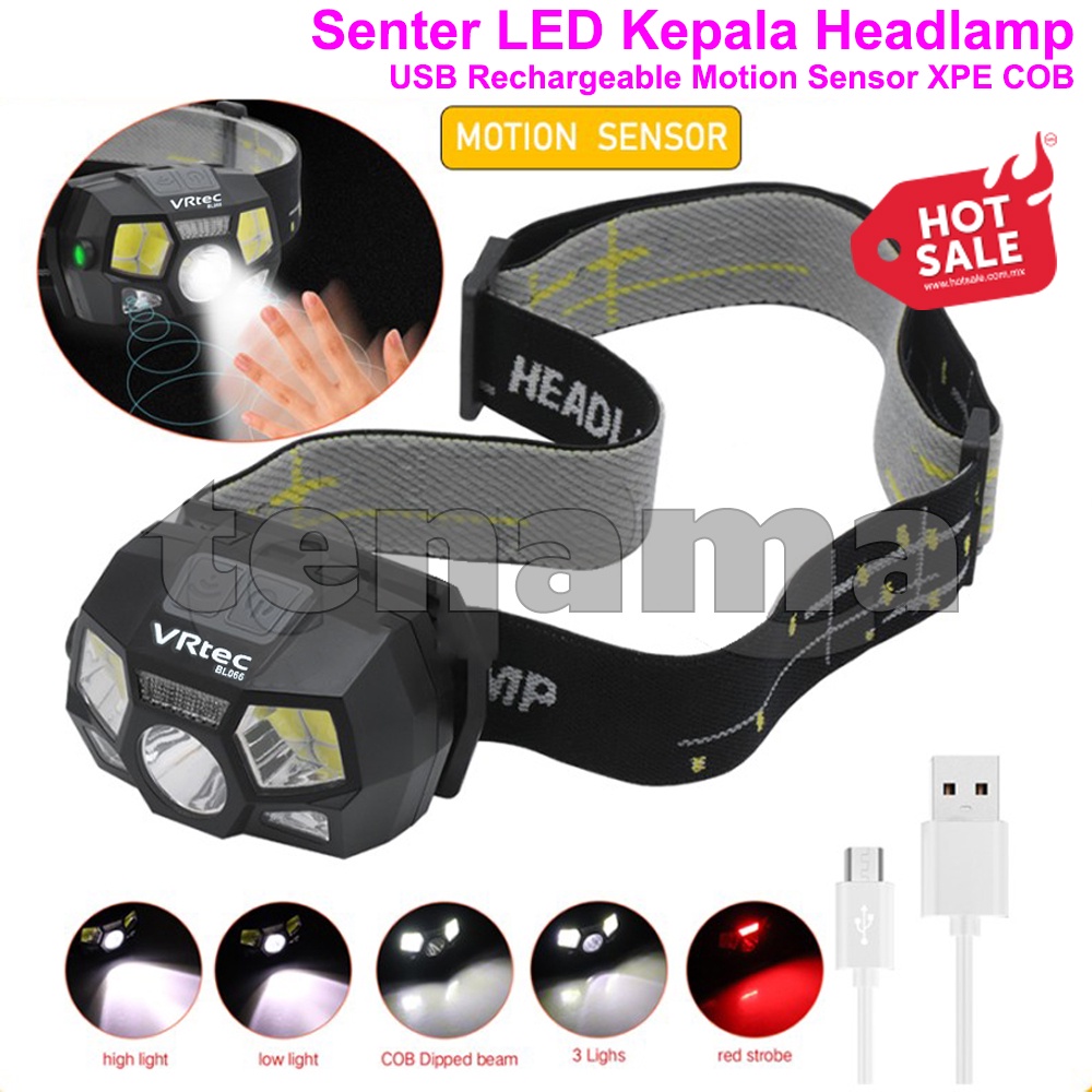 Senter LED Headlamp Rechargeable USB Motion Sensor XPE COB 10000 Lumens Senter Kepala Portable