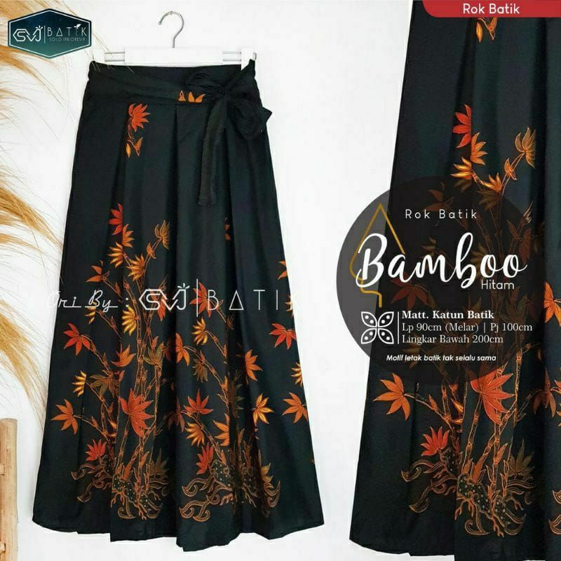 Rok Batik Katun Prima Bamboo Hitam / Rok Wanita Modern Kekinian Model A-Line Bawah Klok