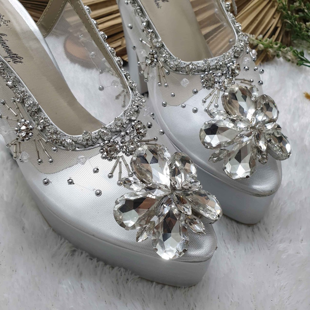 Sepatu wedding pesta cantik khansa silver payet mewah hal 12cm