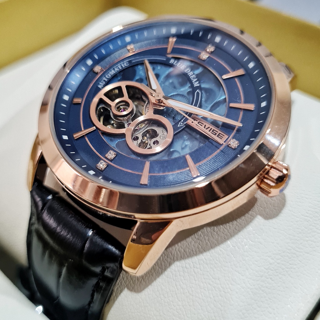 TEVISE Blue Dream Jam Tangan Pria Original Automatic Otomatis Mechanical Mekanik Manual Winding Skel