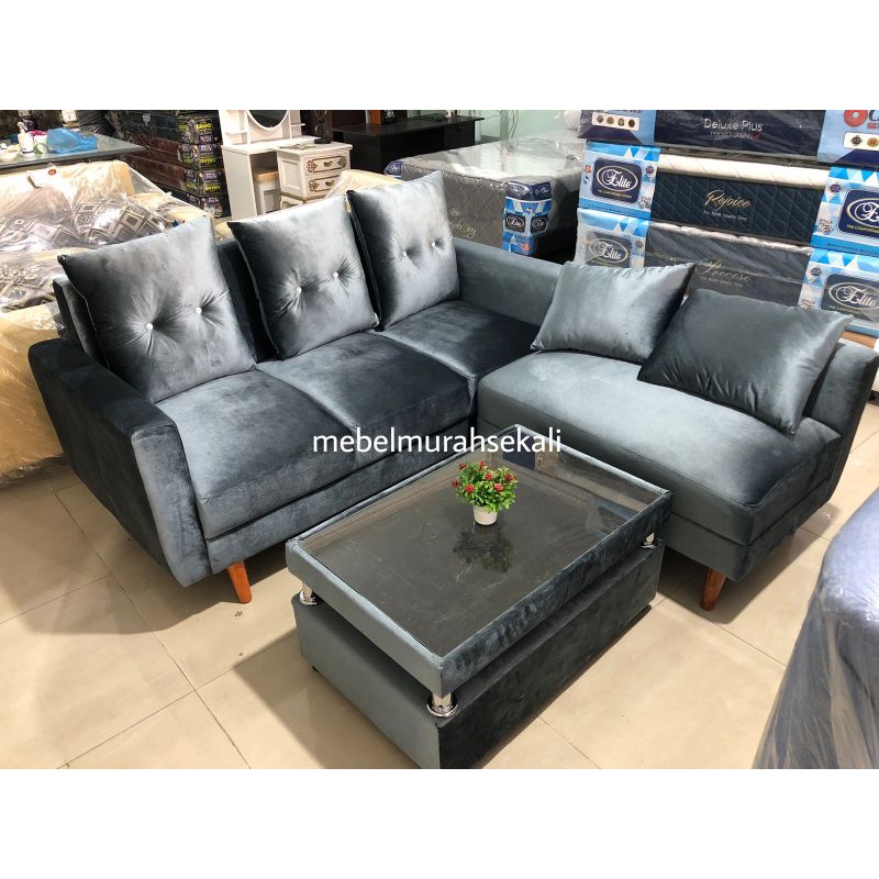 (PROMO) Sofa L sudut retro bludru / Sofa sudut kancing L Retro