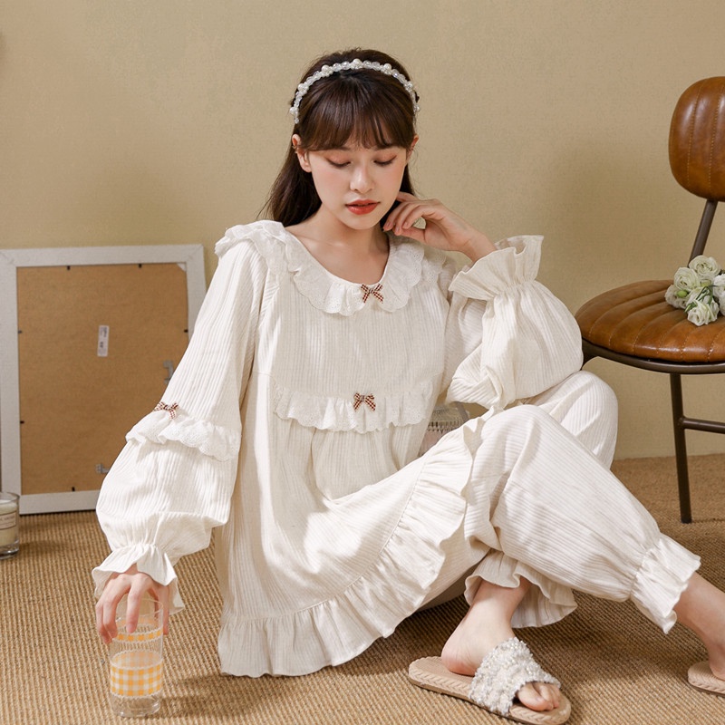 MR-02 set piyama sailor baju tidur wanita lengan panjang renda lolita putih import korea jepang