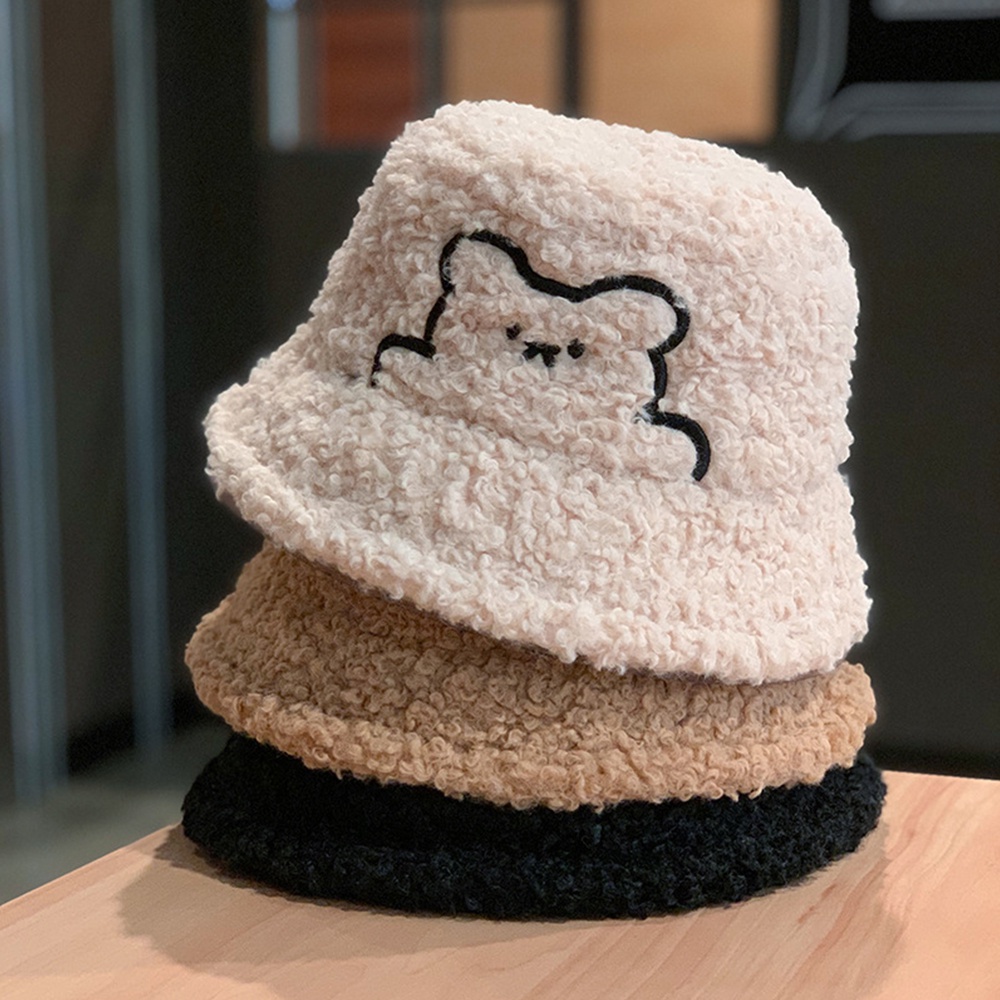 [COD Tangding] Topi Nelayan Beruang Lucu Sederhana Wanita Perempuan Musim Dingin Hangat Outdoor Plush Basin Cap