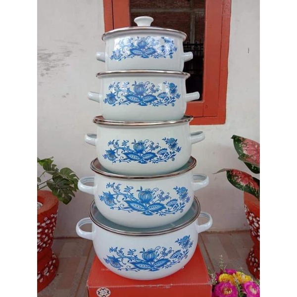 Panci Set Enamel 5 Susun Tutup Kaca / Panci Set Motif Bunga