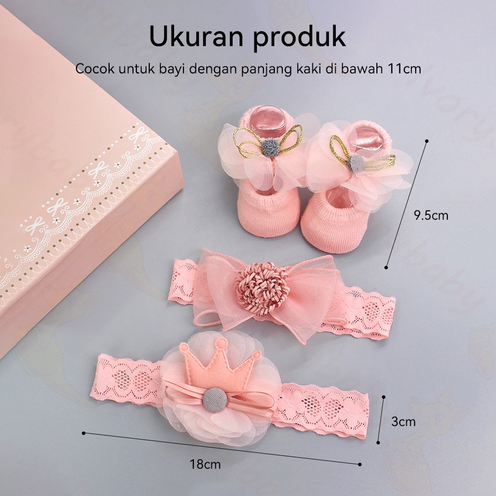 Ivorybaby 3in1 Kaos kaki bando bayi perempuan pita Kaus kaki bayi bandana bayi cewek lucu 0-1 thn