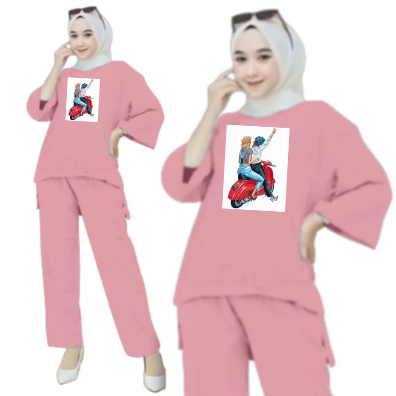 Setelan Kaos Wanita Dewasa Oversize Ld 130 cm Terbaru 2023 Viral Gambar DTF Bahan Kaos Babyterry Tangan 3/4 dan Celana Panjang One Set Wanita Dewasa Jumbo Kekinian Atasan Baju Wanita Dewasa Big Size Stelan Baju Wanita Santai Cewek Motor