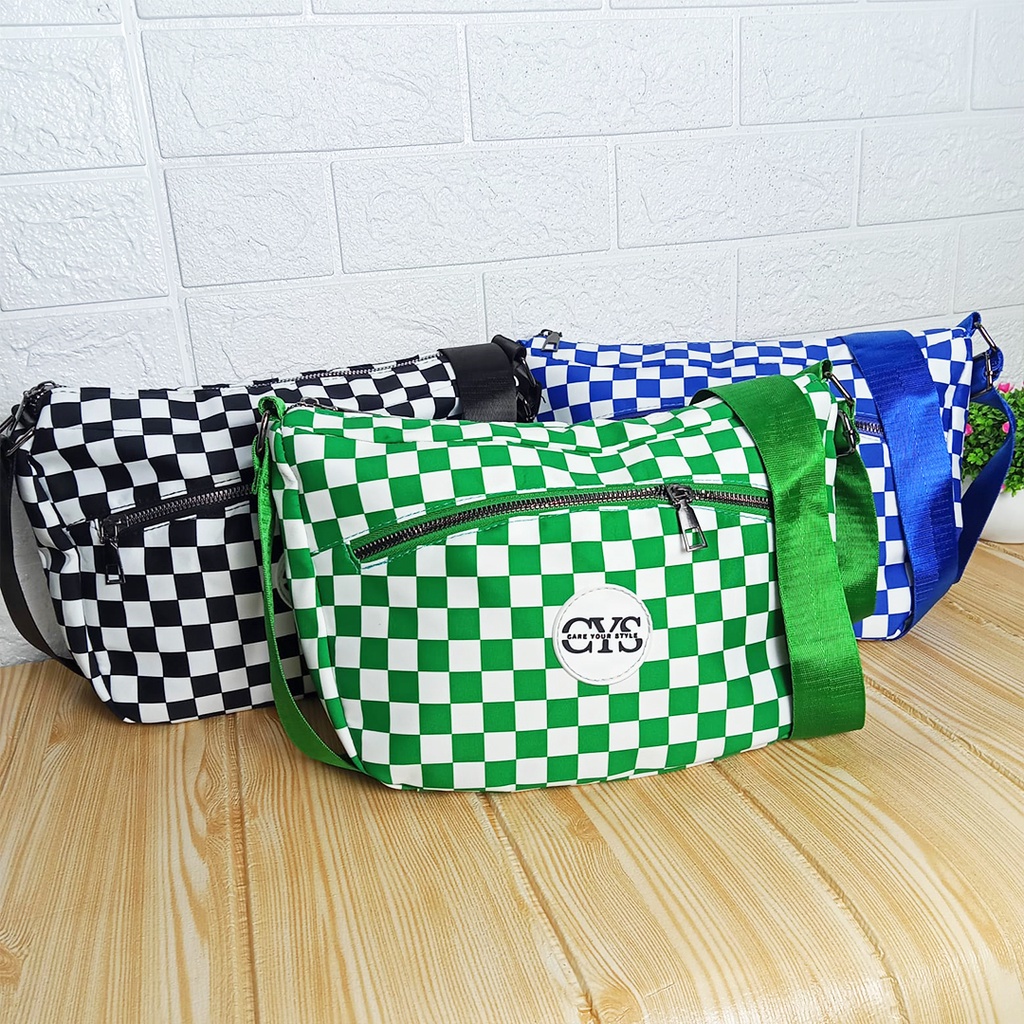 Tas Selempang Wanita Motif Kotak Sling Bag Casual Cewek Polyester Kekinian Fashion Trendy T288