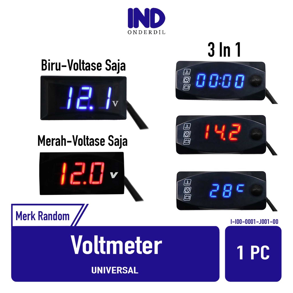 Voltmeter-Volt Meter 3in1-3 in 1-Pengukur Daya Aki-Accu/Jam Digital/Suhu LED Merah-Biru