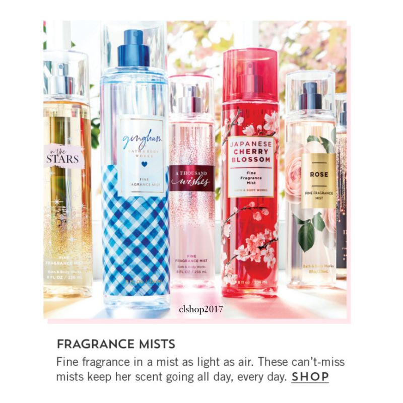 BBW FINE FRAGRANCE MIST 236 ML BATH &amp; BODY WORKS MIX PART 2/2 DARK KISS PINK CHIFFON BAHAMAS SWEET CRANBERRY ROSE GINGHAM HEART OF GOLD FRESH SPARKLING SNOW SUNSHINE MIMOSA WHITE TEA &amp; SAGE ONE IN A MILLION JAPANESE CHERRY BLOSSOM ROSE MOONLIGHT PATH