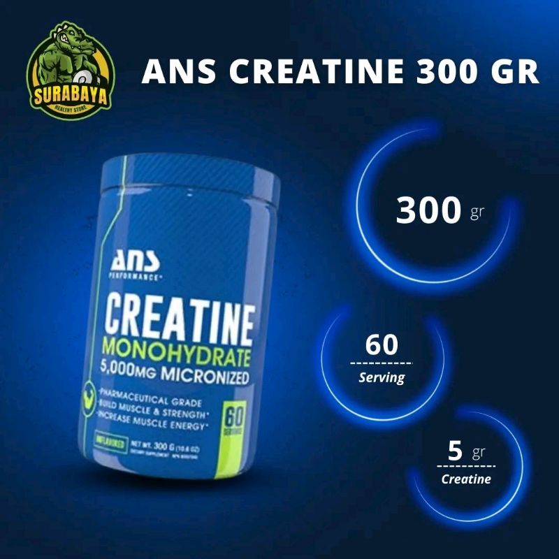 ANS PERFORMANCE CREATINE MONOHYDRATE 5000 MG 300 GRAM BPOM SUPLEMEN FITNESS BULKING ON GYM SURABAYA