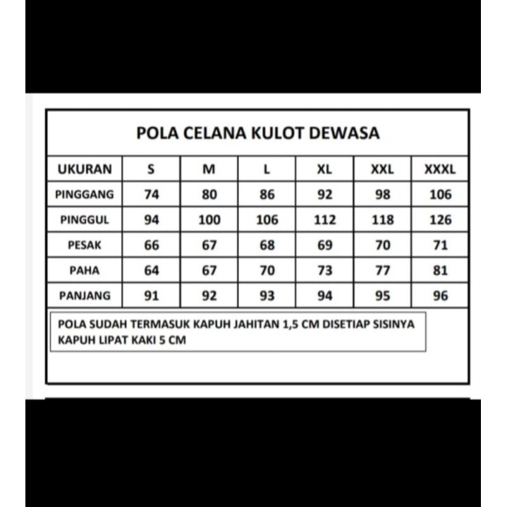 POLA CELANA KULOT DEWASA/SATU SET 6 UKURAN