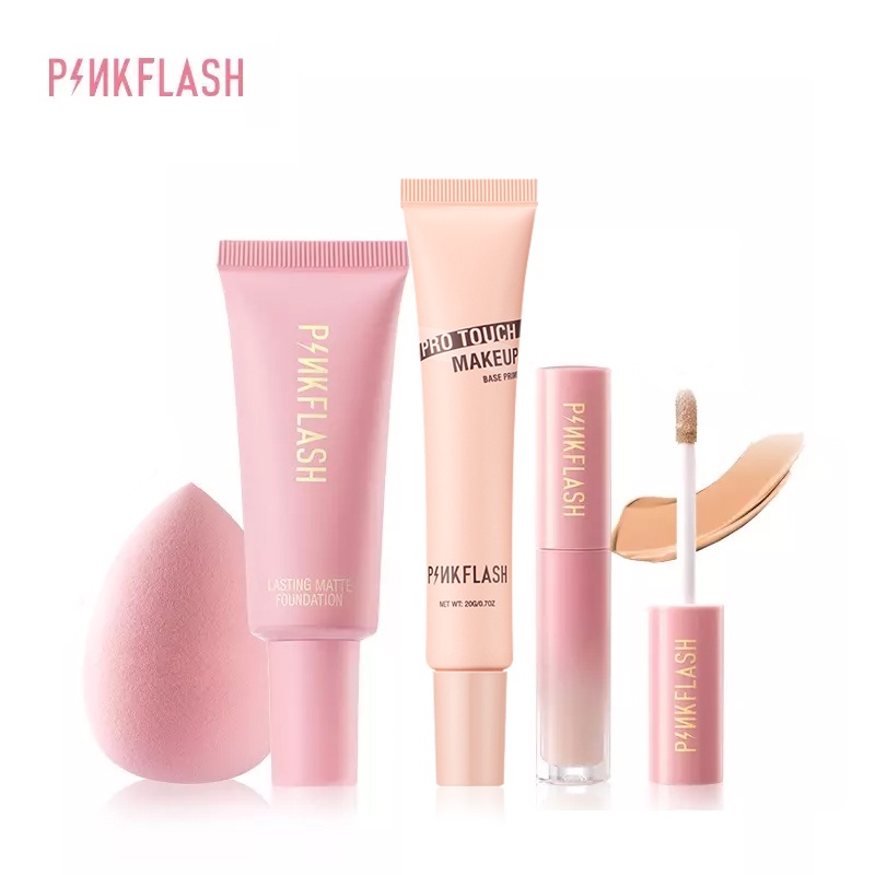 PINKFLASH 4PCS Face Makeup Set Pore Minimizer Primer Poreless Matte + Oil Control Foundation + Natural Long-lasting Concealer