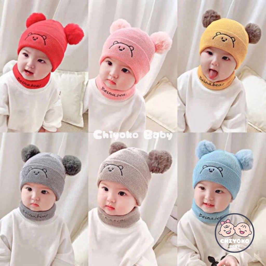 Topi Rajut Kupluk Bayi Pom Pom Premium / Topi Bayi Pom Pom BEAR Anak Laki - Laki Perempuan / Kupluk Baby Pompom BEAR Chiyoko Baby