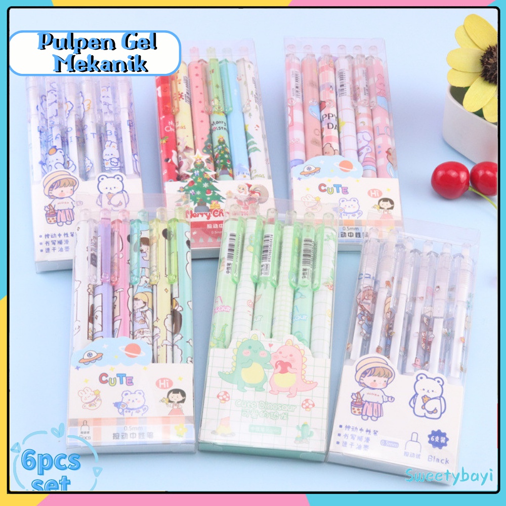 Sweetybayi 6pcs Pulpen pen gel mekanik 0.5mm Pen ballpoint mekanik motif kartun