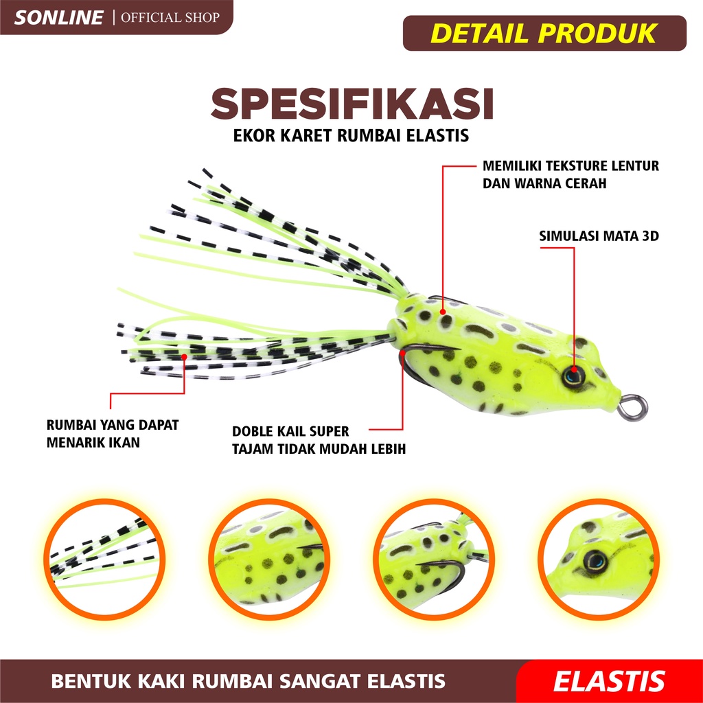 SONLINE Umpan Katak Lure Umpan Casting Katak Lure Soft Frog Dengan Rumbai Ekor Umpan Pancing Permukaan FO004