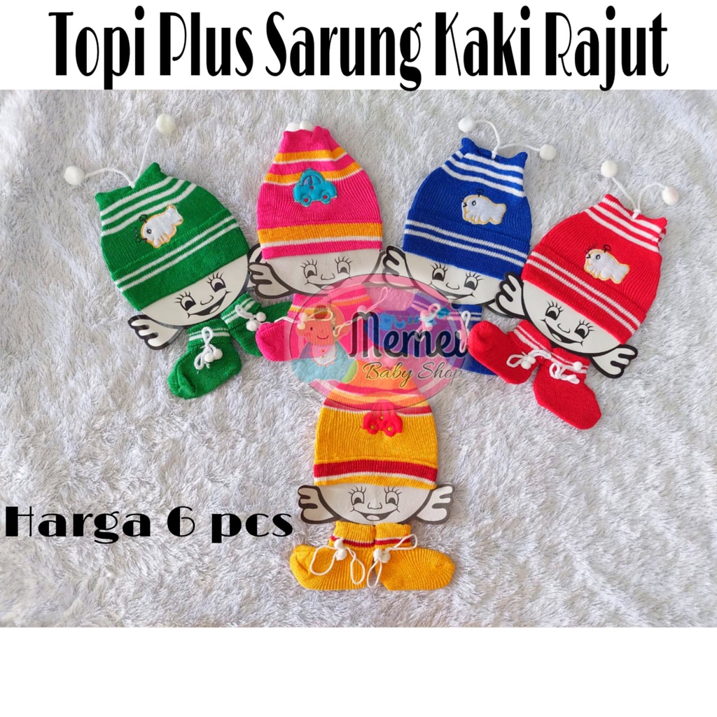 1/2 LUSIN (6 set) Topi kupluk bayi plus kaos kaki rajut 3 in 1 TERMURAH