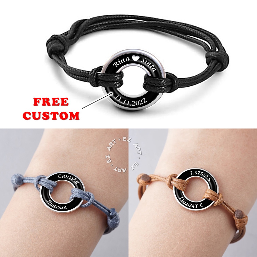 GELANG CUSTOM NAMA TULISAN PASANGAN COUPLE PERSAHABATAN RING PLAT CINCIN STAINLESS STEEL TALI KULIT KEPANG KOREA WARNA