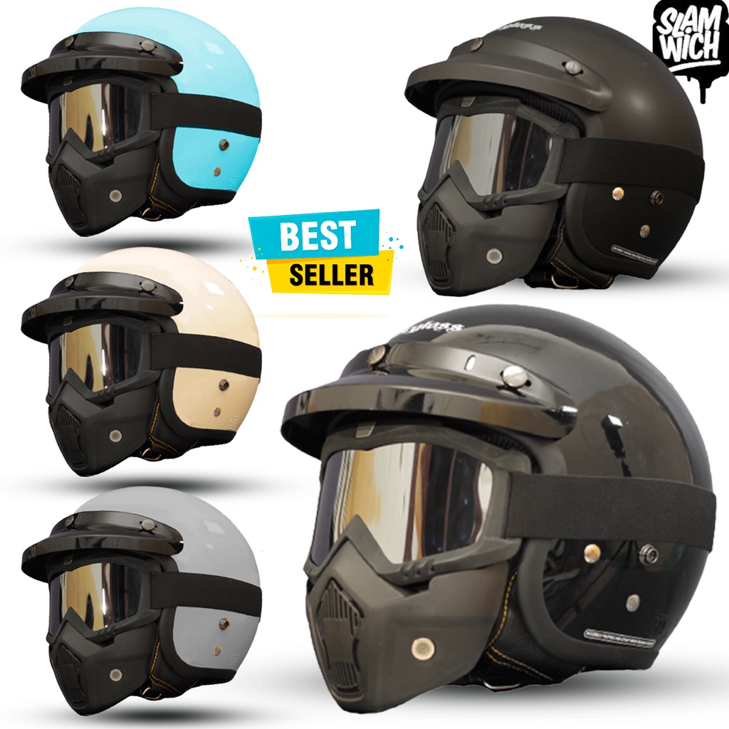 Helm Bogo Retro Premium Carglos / Googles Mask Trail Cross / Helm Half Face Untuk Pria Dan Wanita Dewasa COD