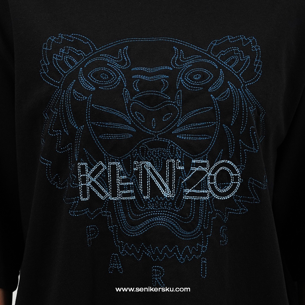 Kenzo Tiger Teal Embroidered Black Tee