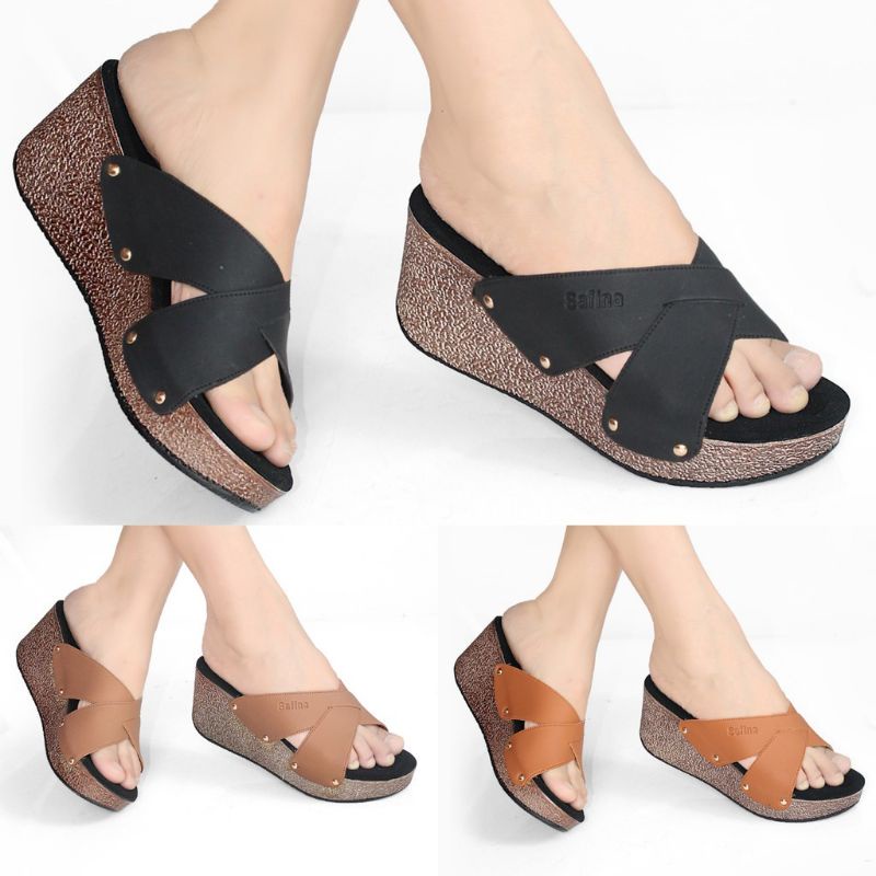 Sandal Sendal Wedges Wanita Casual Hak Tinggi Selop / Slop Hak Tinggi Murah L03 Tinggi 7cm