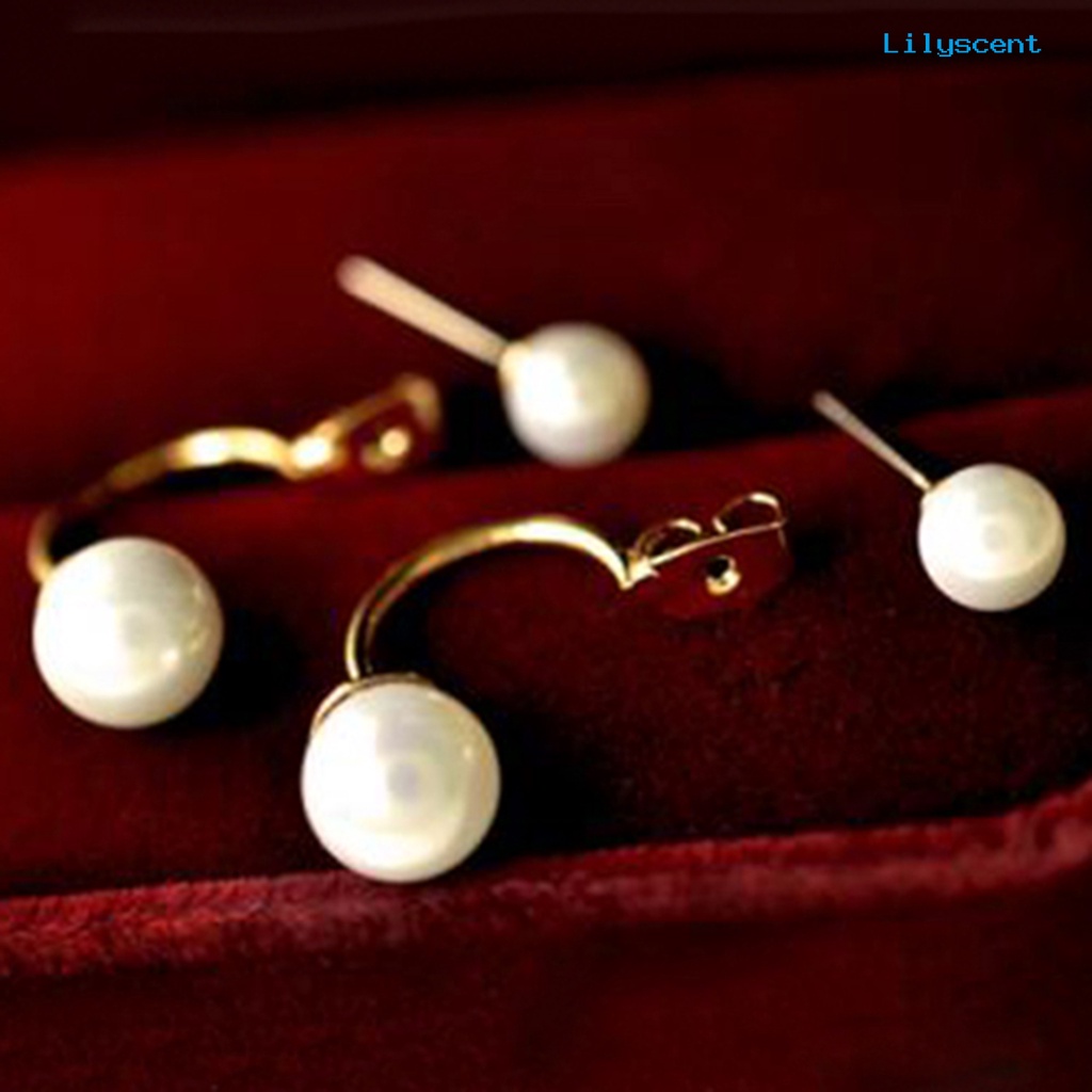 [LS] 1pasang Ear Stud Double Faux Pearl Chic Alloy Fashion Pernikahan Anting Untuk Wanita