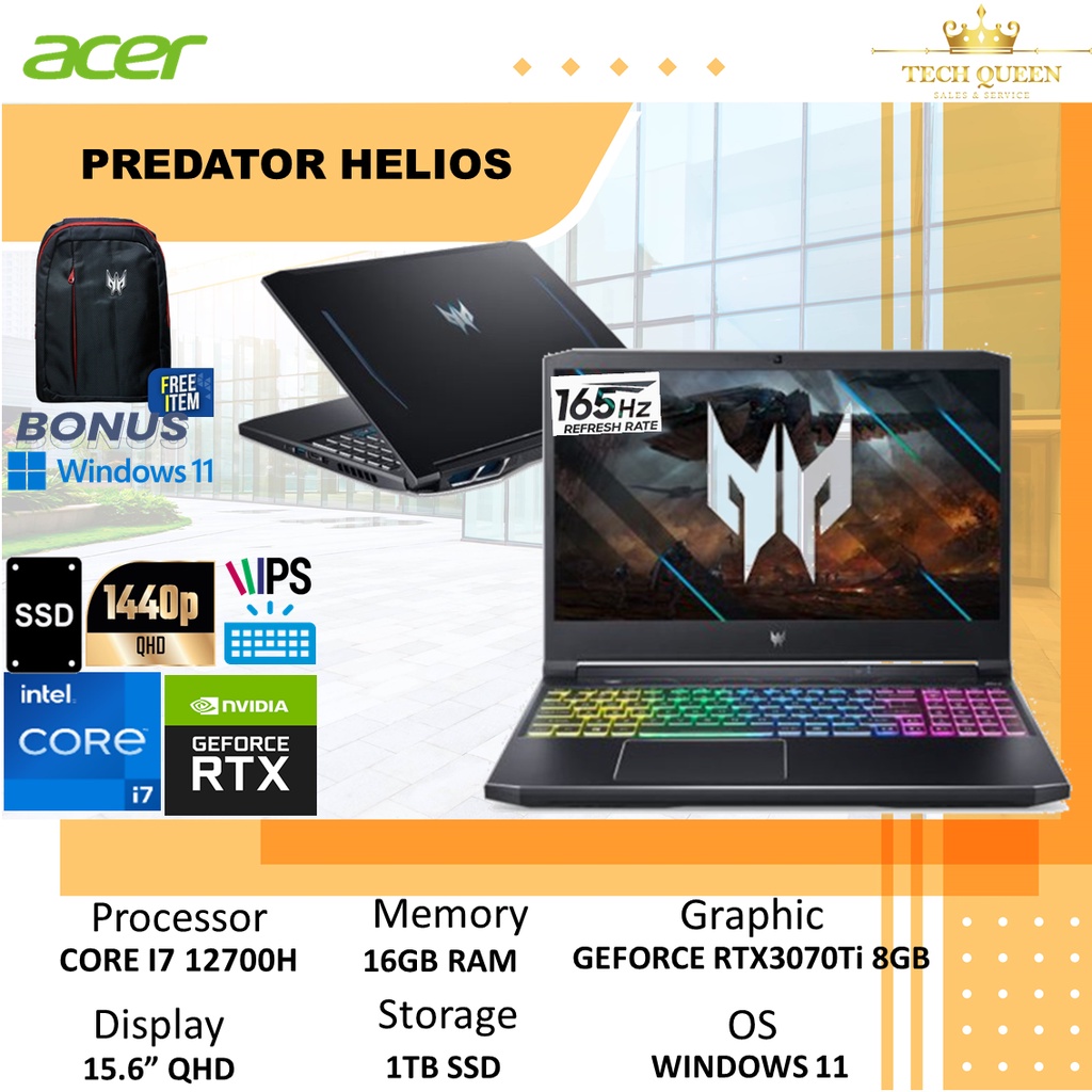 Laptop Acer Predator Helios 300 PH315 I7 12700H 16GB 1TBSSD RTX3070Ti 6GB W11+OHS 15.6QHD 165HZ 4ZRGB TGP110 BLK