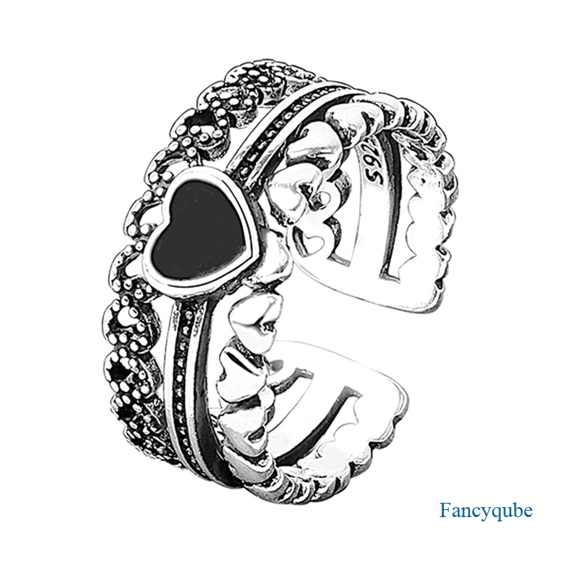 S925 Sterling Silver Cincin Untuk Wanita Jantung Zirkon Hitam Mahkota Jari Terbuka Adjustable Cincin Trendi Vintage Halus Jelwery