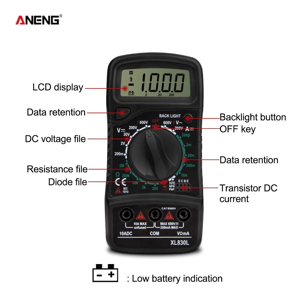 ANENG Digital Multimeter Voltage Tester - XL830L - Black