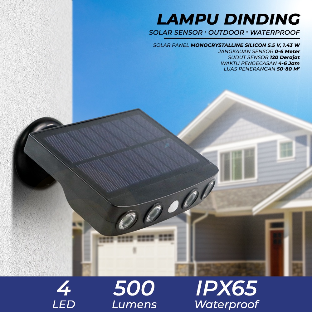 Lampu Solar Sensor Gerak Outdoor Weatherproof 4 LED Cool White - PL256 - 7RLL8GBK Black