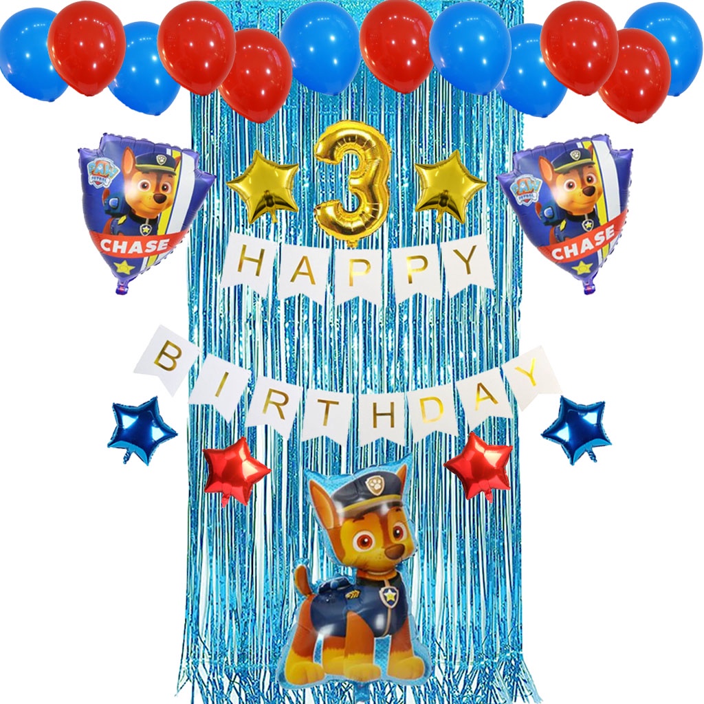 [PAKET] BIRTHDAY Set BANNER PAW PATROL BLUE CHASE Dekorasi Pesta Backdrop Ulang Tahun Anak