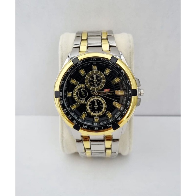 JAM TANGAN PRIA RANTAI MURAH SWISS TIME RANTAI STAINLESS STELL CHRONO OFF  SILVERGOLD HITAM