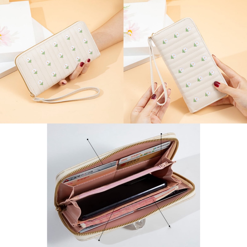 DOMPET PANJANG WANITA IMPORT KULIT PREMIUM KOREA REMAJA KEKINIAN FASHION BRANDED BATAM CEWEK MURAH LUCU PUTIH MOTIF BUNGA CHARINA WA635C3 RESLETING KARTU KOIN