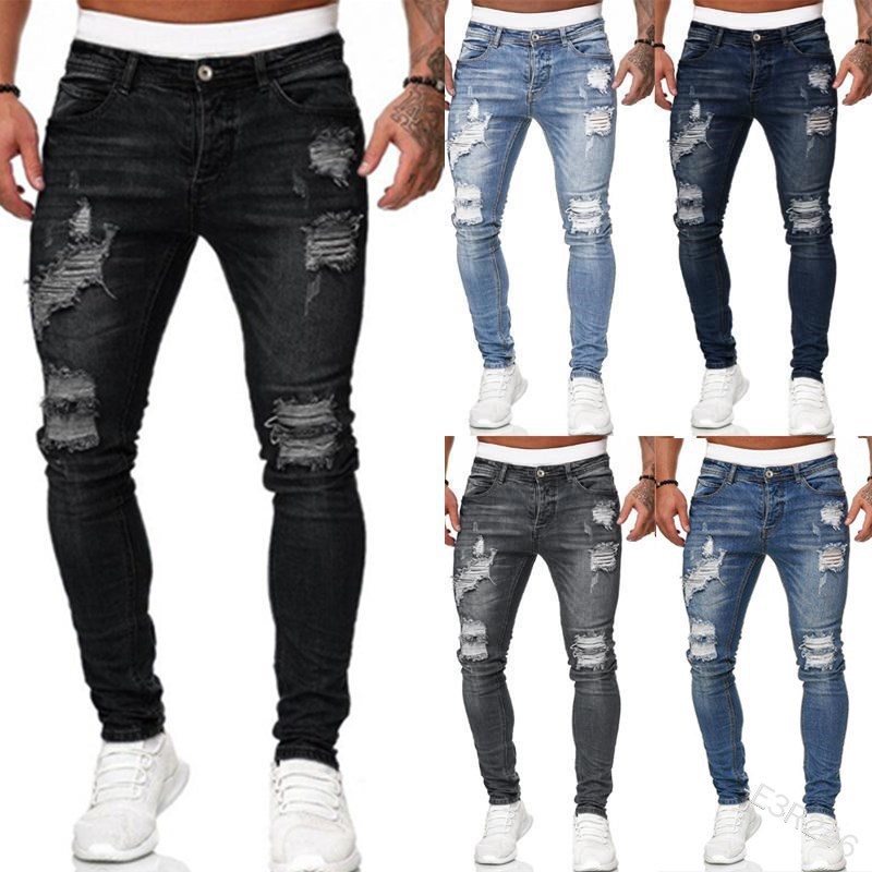 Celana jeans pria  Eropa  Amerika  Pria Celana Robek Putih Stretch Slim Denim Vintage Fashion Kurus 