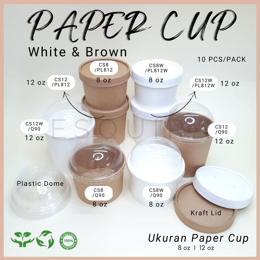 Kraft Paper Cup / Ice Cream Cup + Dome Plastic Lid / Kraft Lid / 10 pcs