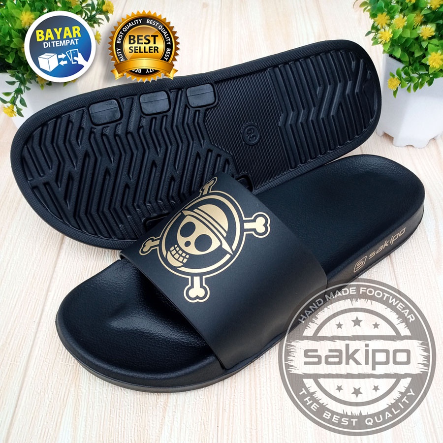 PROMO 2.2 COD SALE !! SANDAL DISTRO KEREN KEKINIAN PRIA DEWASA REMAJA SLIDE HITAM EMAS MOTIF TENGKORAK LUFFI ONE PEACE / SENDAL SLIDE MURAH / SANDAL TAHAN AIR KEKINIAN / SAKIPO