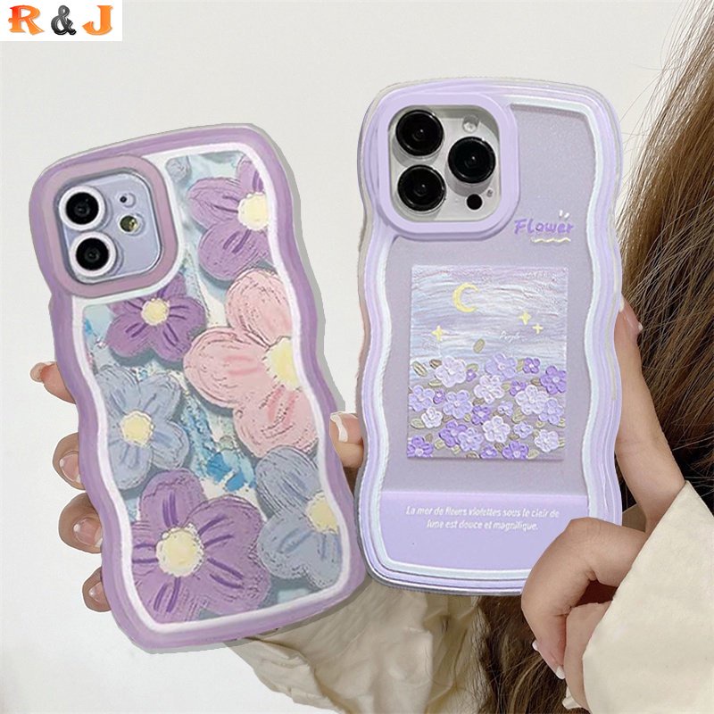 Lukisan Bunga Ungu Case Samsung A04E A04 A04S A13 A03 A03S A21S A12 A02S A11 A51 A10 A30 A50 A52 A20S M12 A71 A32 Pinggiran Gelombang Minyak TPU Phone Case Cover