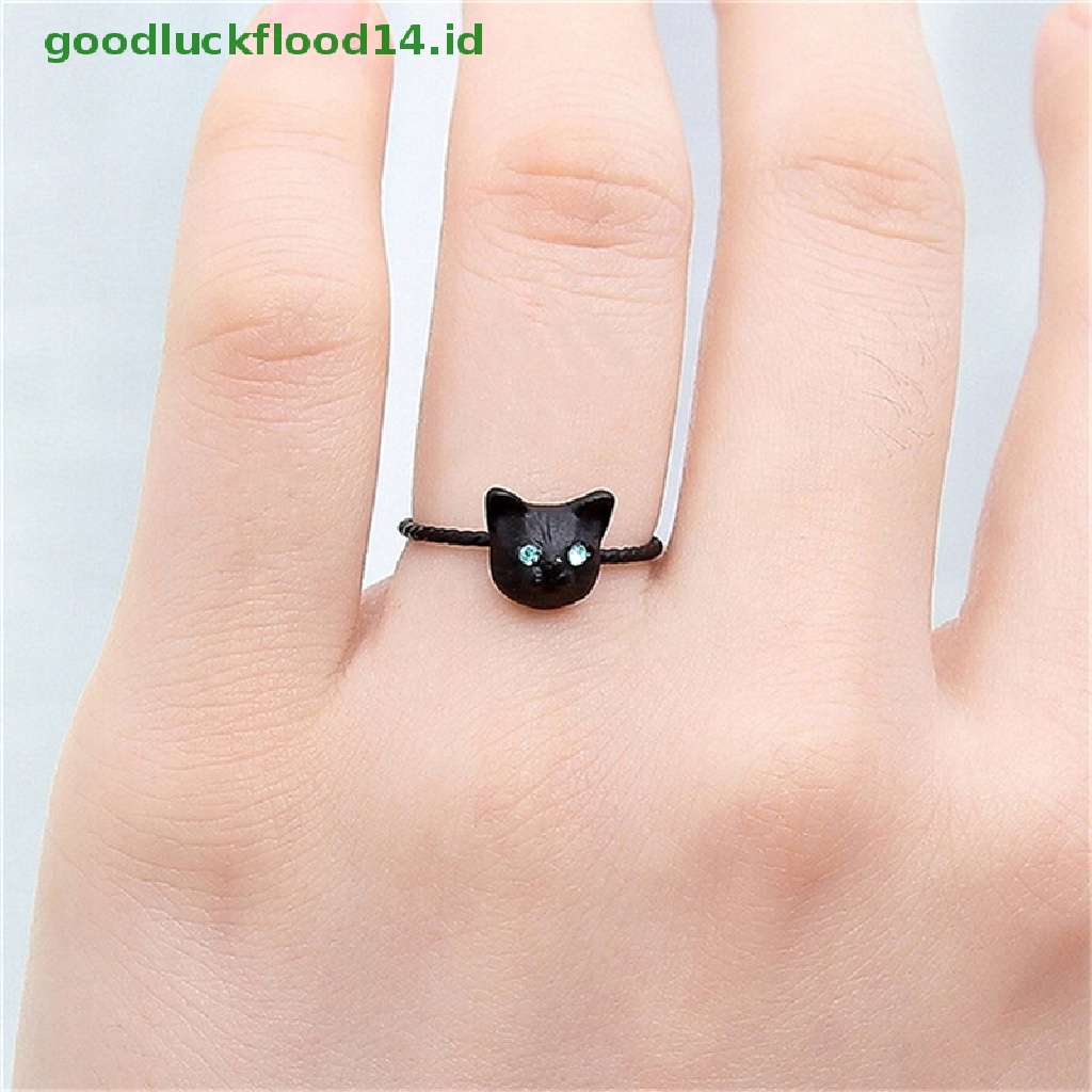 [GOOGFOUR] 1pc Wanita Mini Indah Kucing Berbentuk Cincin Berlian Imitasi Studd Ring Hitam Emas Perak [TOP]