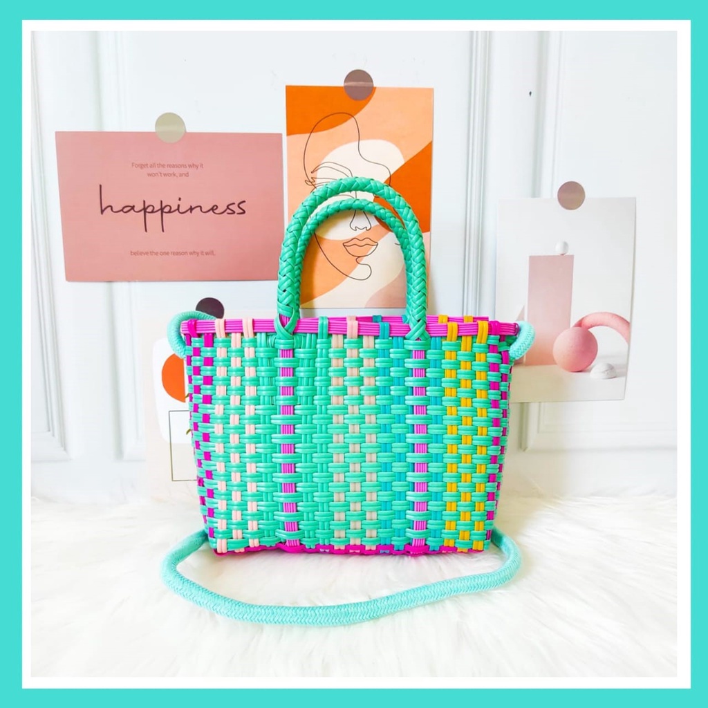 TAS KERANJANG PASAR MINI ANYAMAN TOTE BAG MURAH SLEMPANG KOREA SELEMPANG