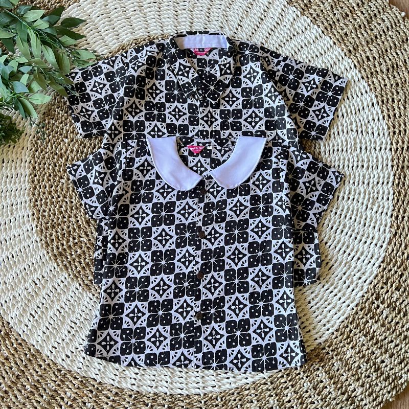 Couple Blus Batik Anak Dan Kemeja Batik Anak Kotakan Star Hitam Putih Couple Blus Batik Anak