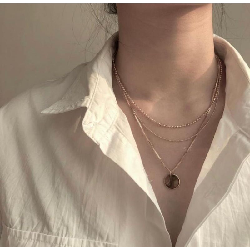 KALUNG LAYER KEKINIAN MOTIF RANTAI DAN KOIN WARNA EMAS AKSESORIS FASHION MURAH